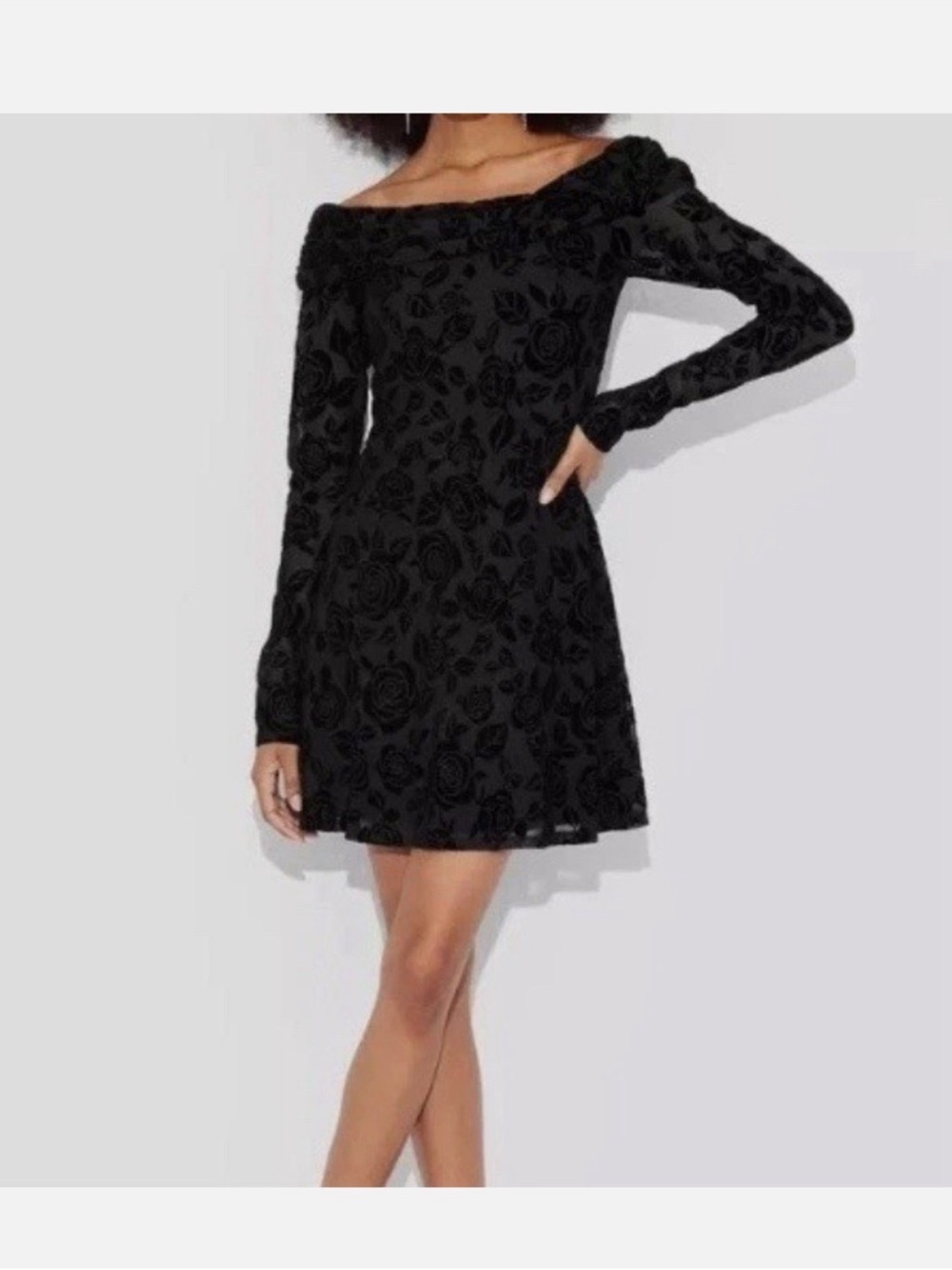 Wild Fable XS Off-Shoulder Black Floral Velvet Fit & Flare Dress- NWT